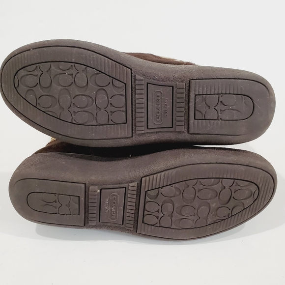 Coach Tinah Brown Leather "C" Logo Pattern Canvas Mid Calf Pull On Boots Size 5B - Picture 8 of 16